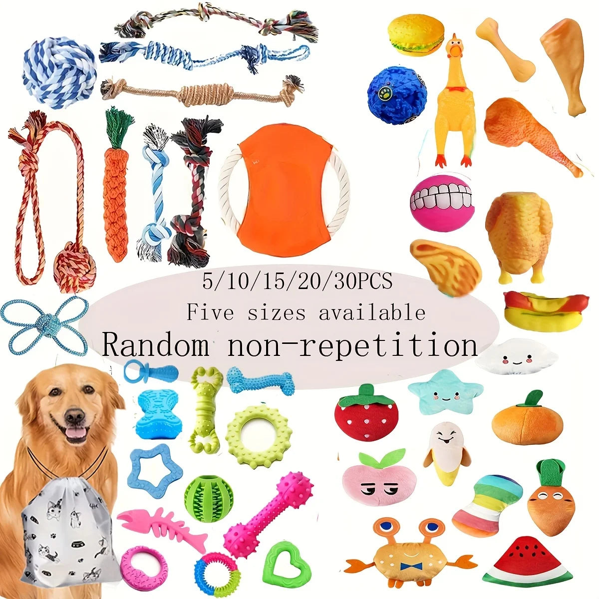 A collection of various squeaky plush dog toys including bone shapes, carrot toys, and various rubber and fabric chew toys.