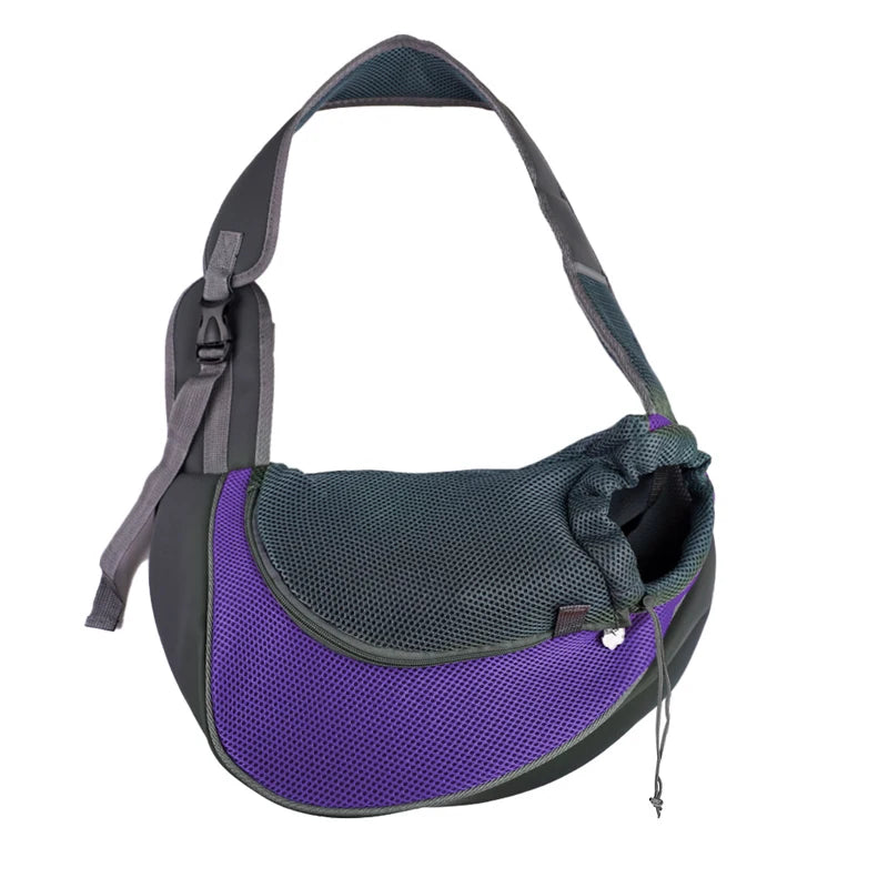 A purple and gray breathable mesh pet carrier sling bag.