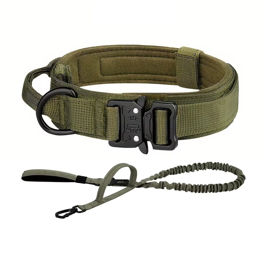Olive green tactical dog training collar and leash set with a handle