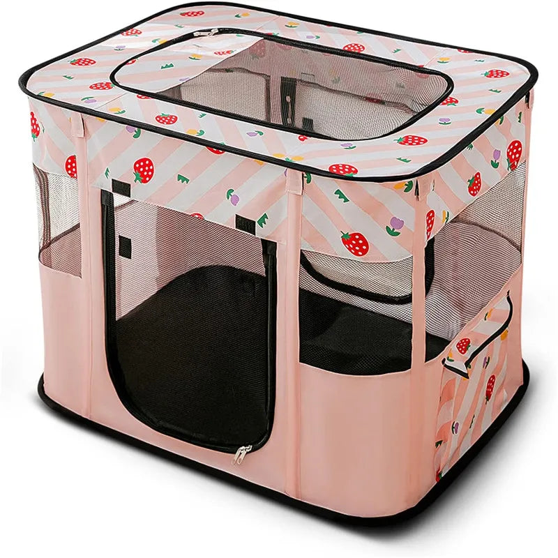Cage portable pliable rose avec enclos en maille et sac de transport à motif fraise.