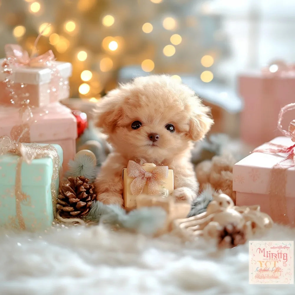 A fluffy apricot-colored puppy plush toy surrounded by wrapped gifts and pinecones in a soft, festive setting.
