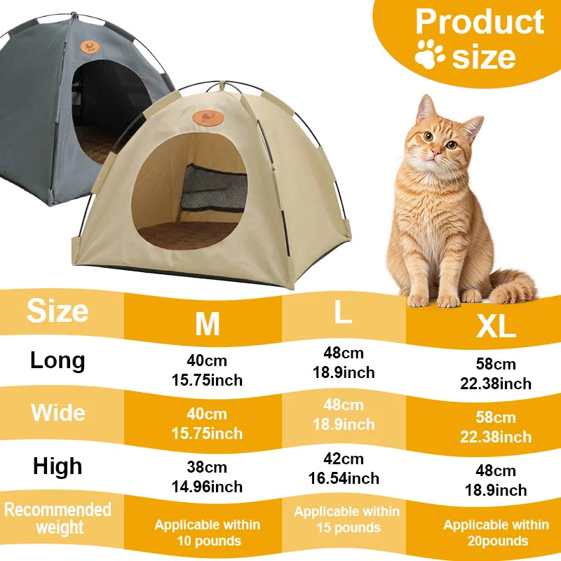 A set of beige pet tents for cats and small dogs shown with size options and weight recommendations.