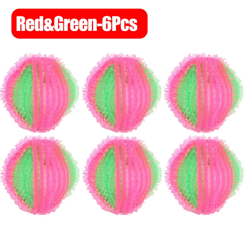 Six reusable lint filter balls in pink and green colors.