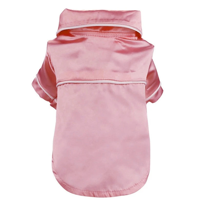 Pink luxury silk pet pajamas for dogs with a collar and short sleeves