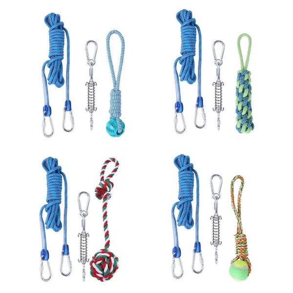 A collection of various cotton rope dog spring poles for tug and exercise, shown in different colors and styles.