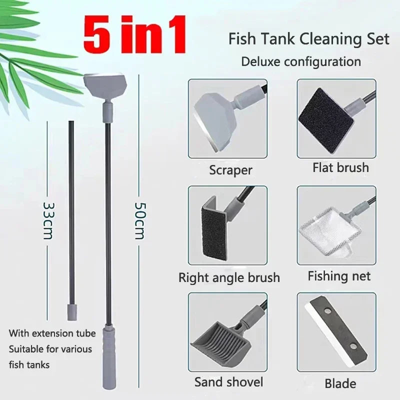 Kit de nettoyage pour aquarium 5-en-1 avec racloir, brosses, filet de pêche, pelle à sable et lame.