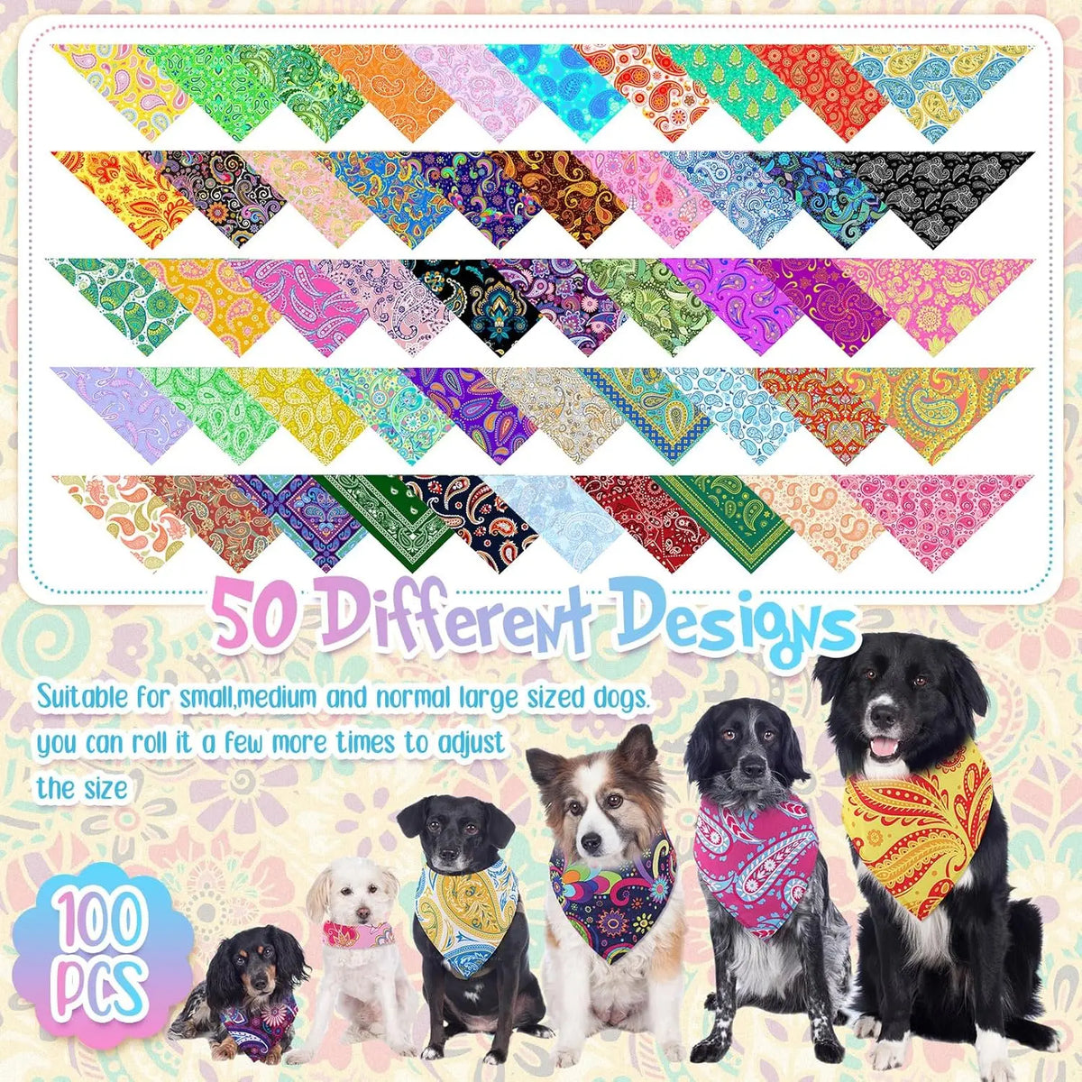A collection of 50 different paisley dog bandanas in various colors and patterns displayed in a grid format.