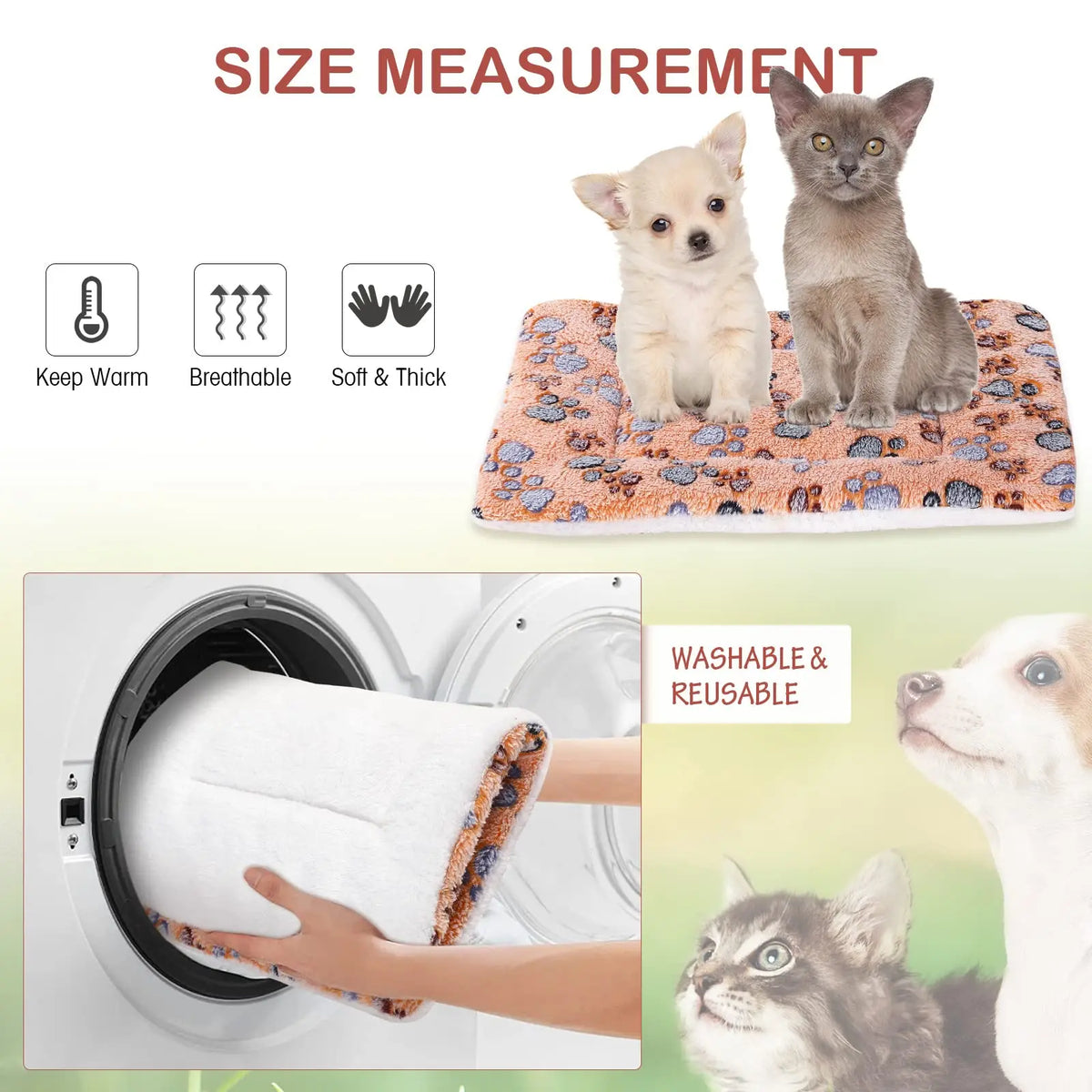 A fluffy pet mat is shown with a kitten and a small dog resting on it, demonstrating its warmth, breathability, and soft text