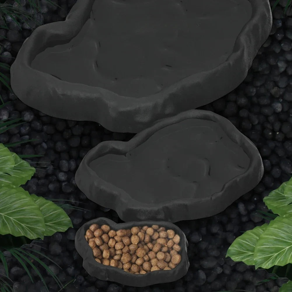 A natural rock reptile feeding and water dish with a dark gray, irregularly shaped bowl set against a dark background.