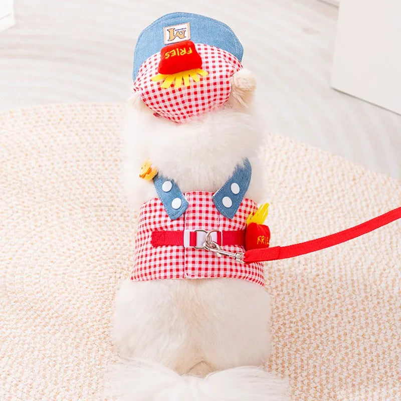 Denim Dog Harness and Leash Set with Matching Hat