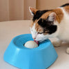 Un gato atigrado interactuando con un cuenco para perro lentificador azul, lamiendo la comida del centro.