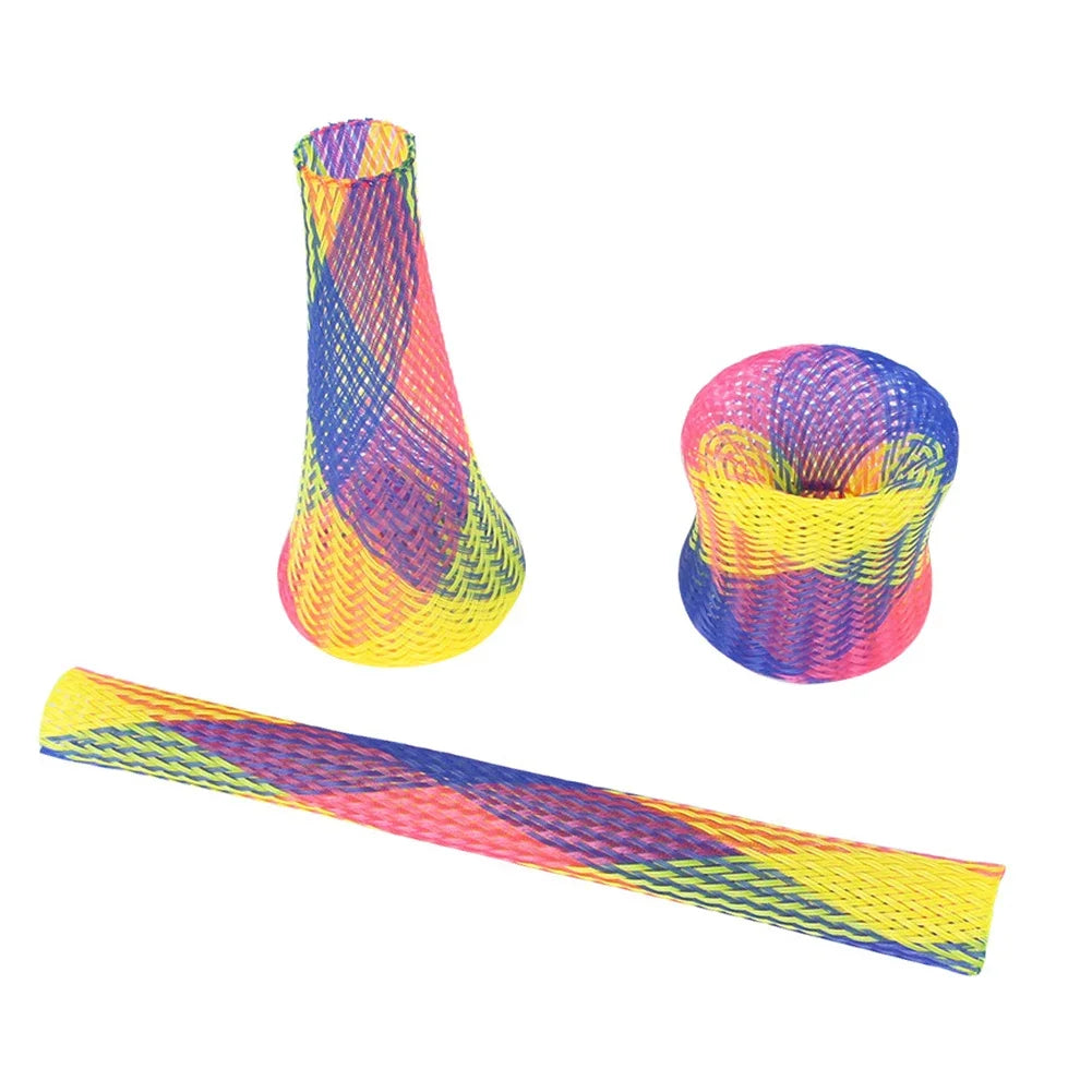 A set of ten colorful, textured bouncing springs for cat toys, including a conical shape and a long strip.