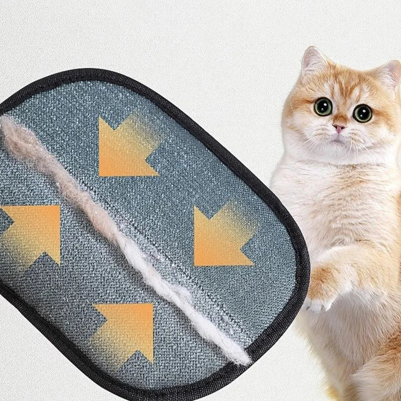 A fluffy orange cat is positioned next to a dark gray grooming glove featuring multiple yellow arrow shapes for hair removal.