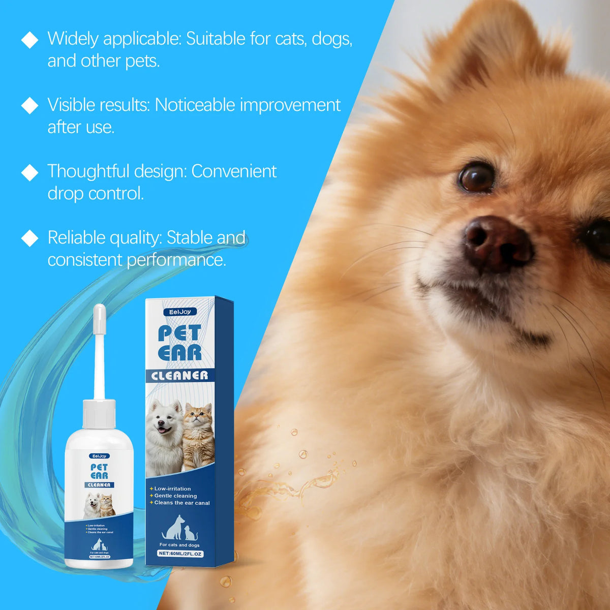 A bottle of Pet Ear Cleaner solution next to a fluffy dog's ear.