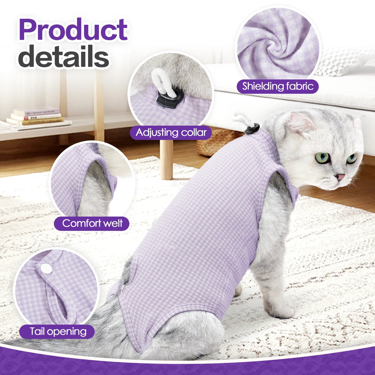 A gray cat wearing a purple sheepskin-like recovery suit with an adjusting collar and tail opening on a white rug.