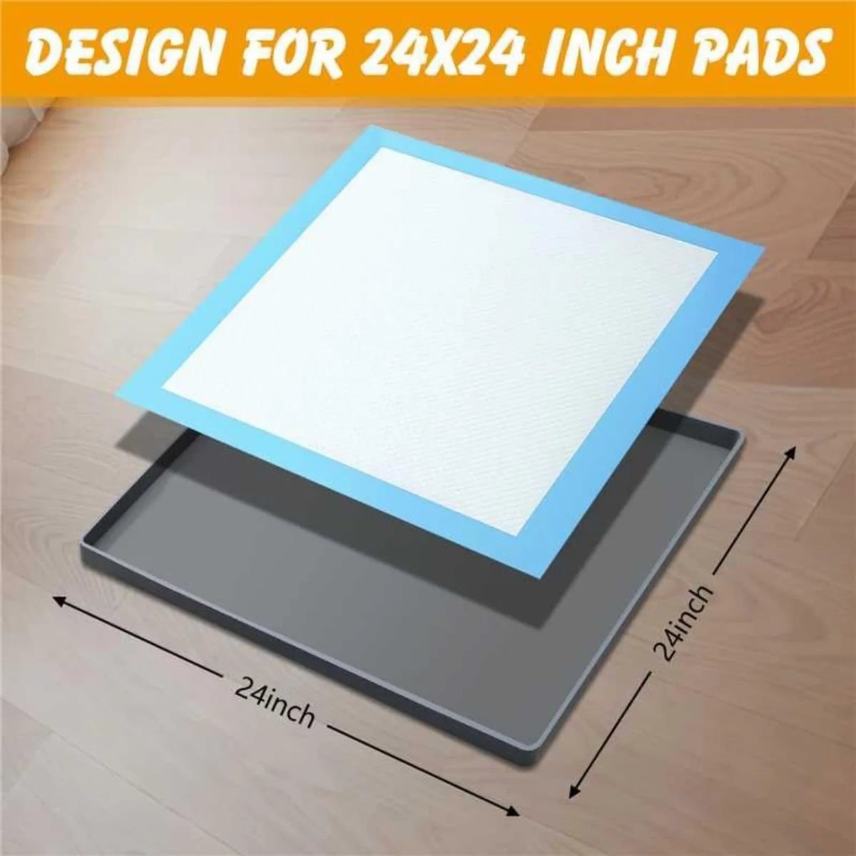 A white silicone puppy pad holder with a blue splash guard shown on a wooden floor.
