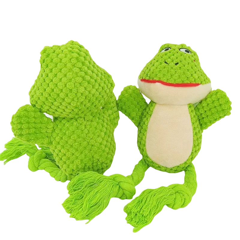 A bright green plush animal toy resembling a frog with long green rope limbs.