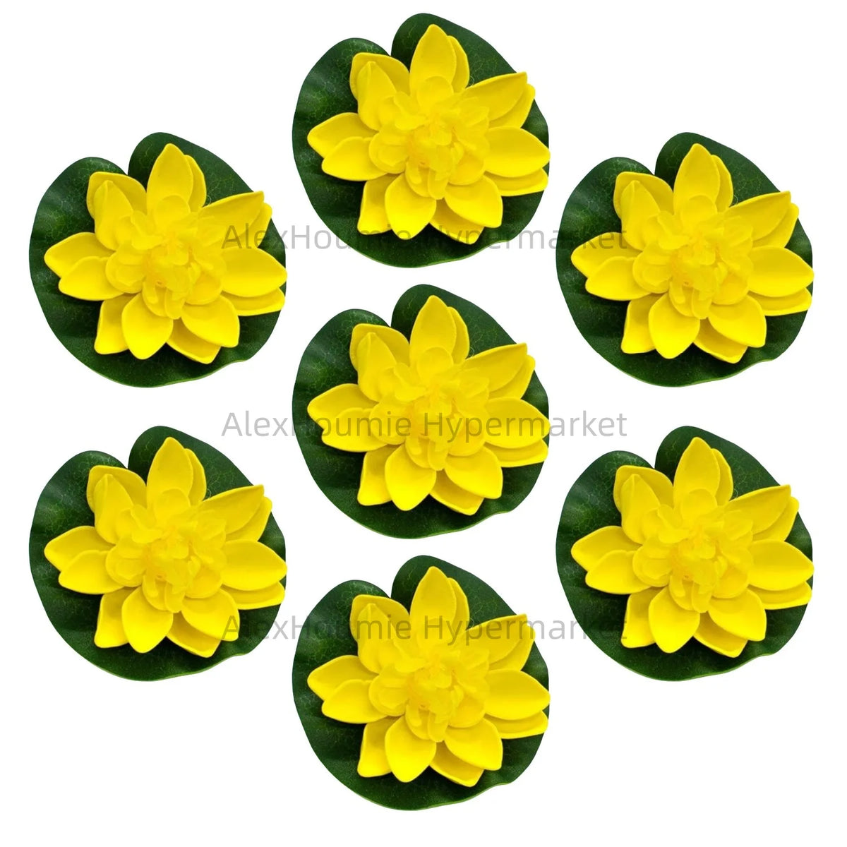 A set of seven yellow floating foam lotus flowers with green water lily pads.