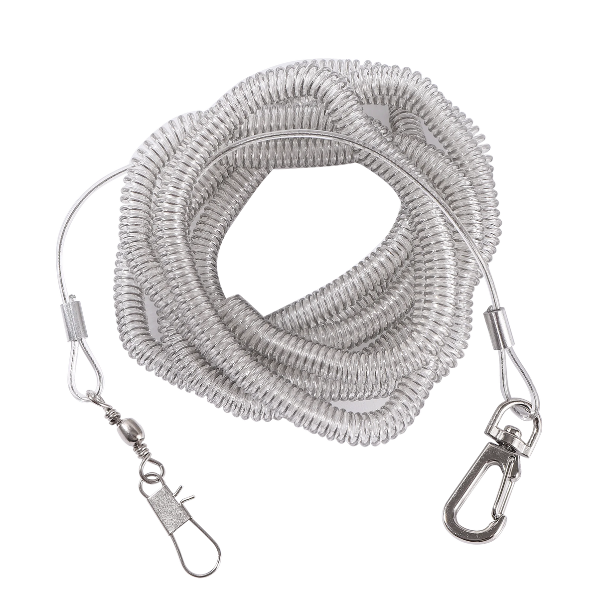 Silver stretch bird flying leash coiled and attached to a clip.