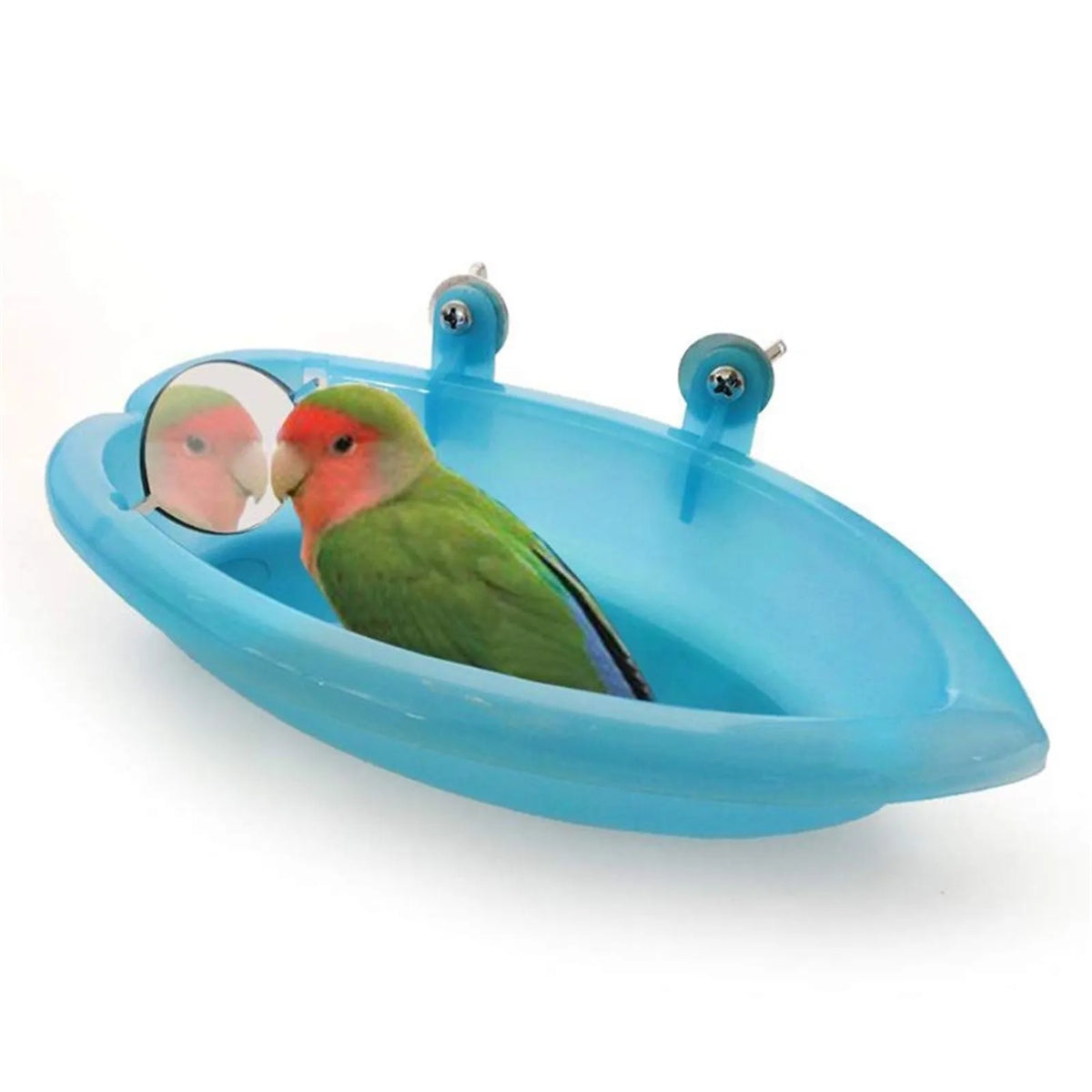 A blue cage-mounted bird bath with a mirror is shown, featuring a small bird inside.