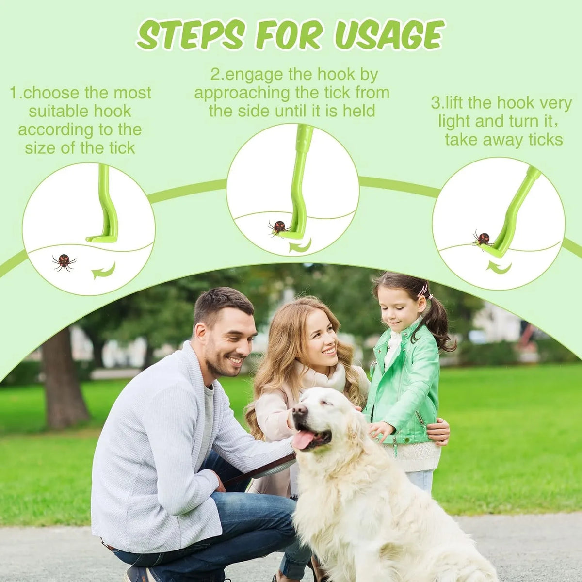 A man and a girl are outdoors with a dog, demonstrating steps for using a pet tick removal tool kit.