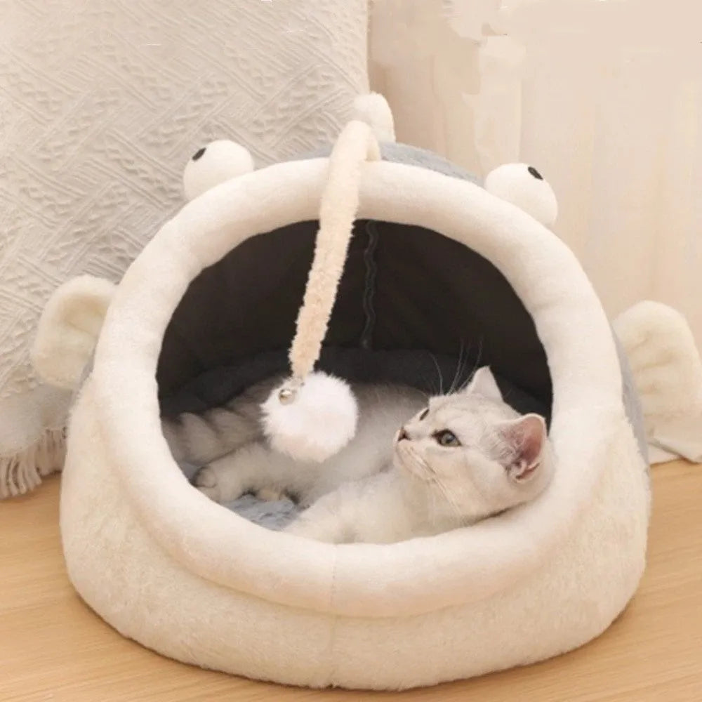 Cozy Cave Cat Bed with Lantern Fish Design