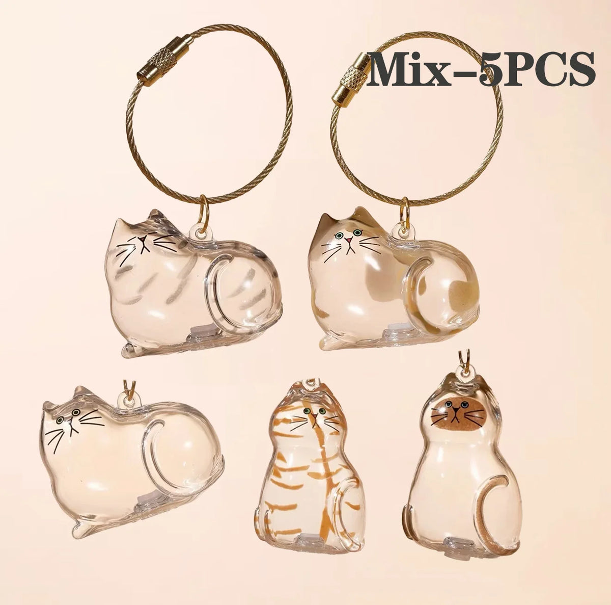Five glass cat figurines with hanging loops and a pet hair keepsake box.