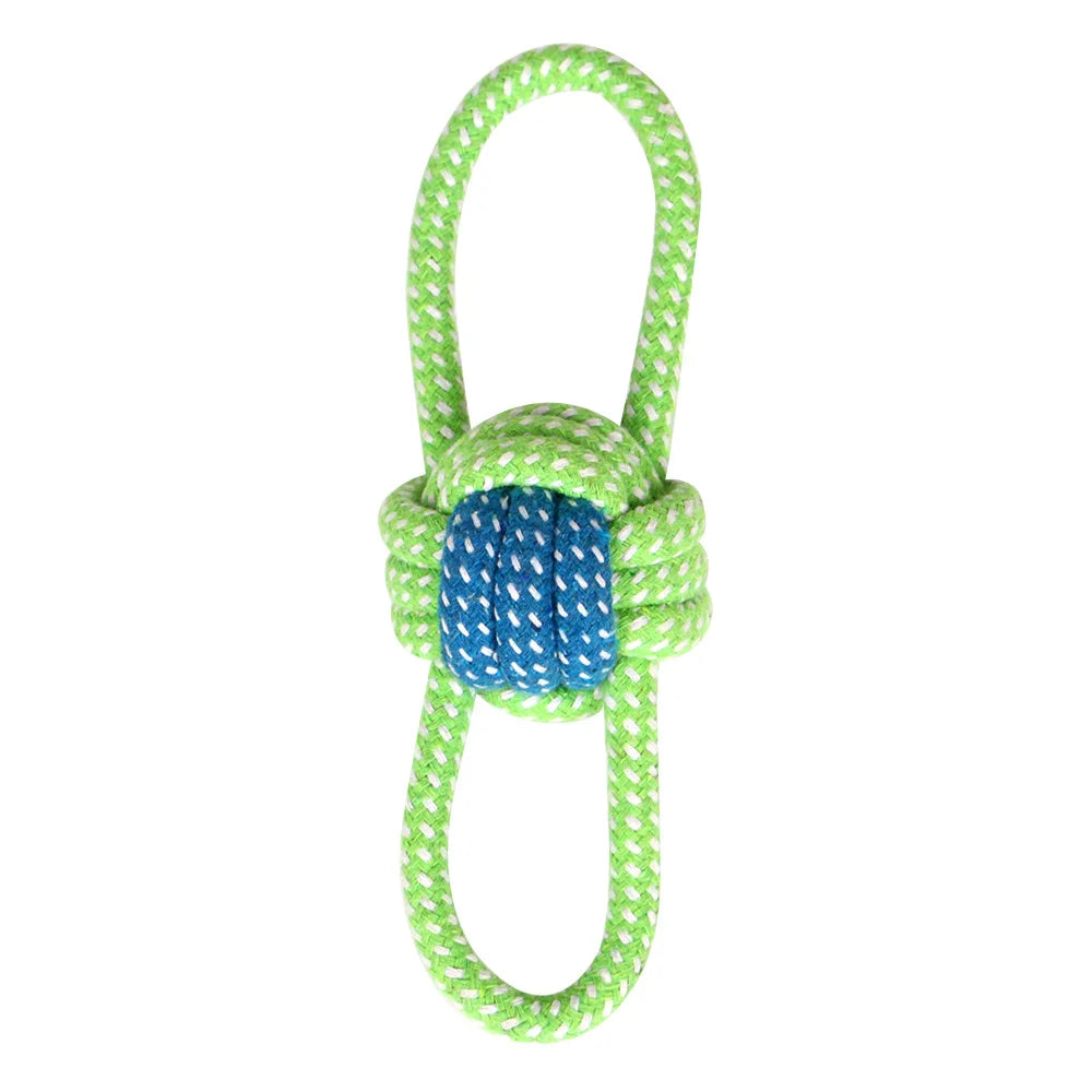 Green cotton rope dog toy with a blue knotted section