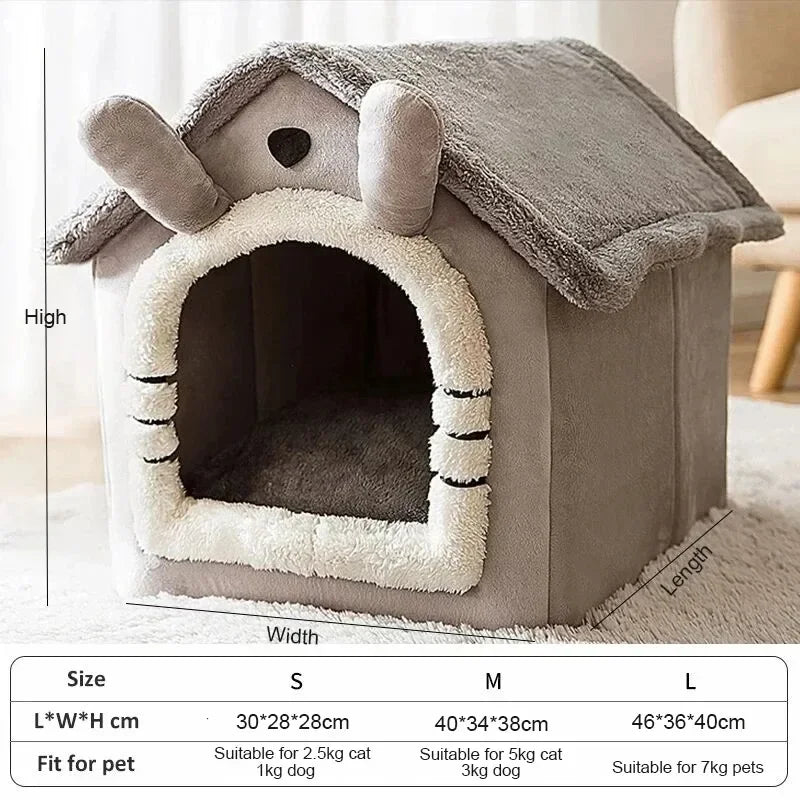 Une maison ou tente d'animal grise avec toit texturé et entrée, montrée avec des options de taille pour chiens et chats.
