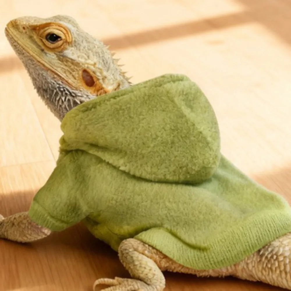 A bearded dragon costume resembling a lizard is shown lying on a wooden surface.