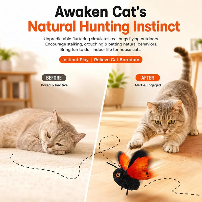A tabby cat is playing with a motion-activated fluttering butterfly toy on a wooden floor.