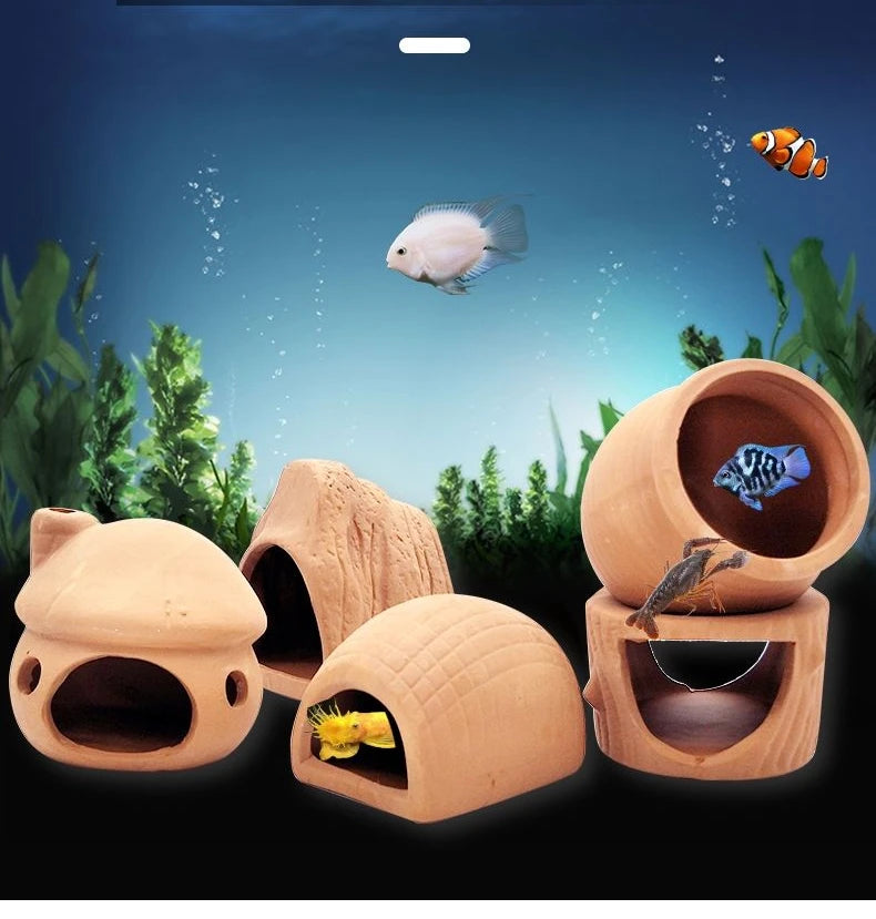 Natural clay aquarium cave decoration featuring multiple openings for fish and shrimp