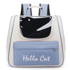 Sac à dos panoramique de transport pour animaux beige clair avec un panneau d'accent gris foncé et bleu.