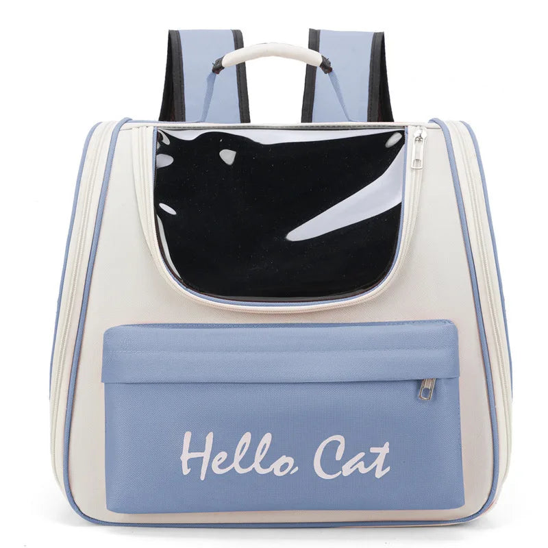 Sac à dos panoramique de transport pour animaux beige clair avec un panneau d'accent gris foncé et bleu.