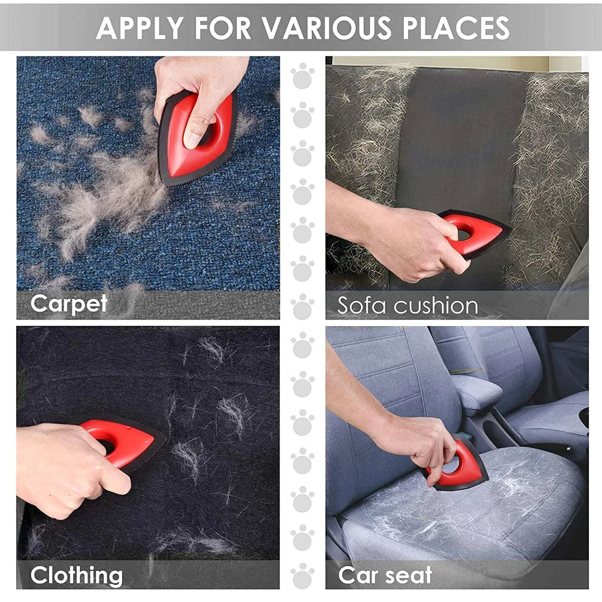 A red pet hair remover tool is shown being used on various surfaces including carpet, sofa cushions, clothing, and car seats.