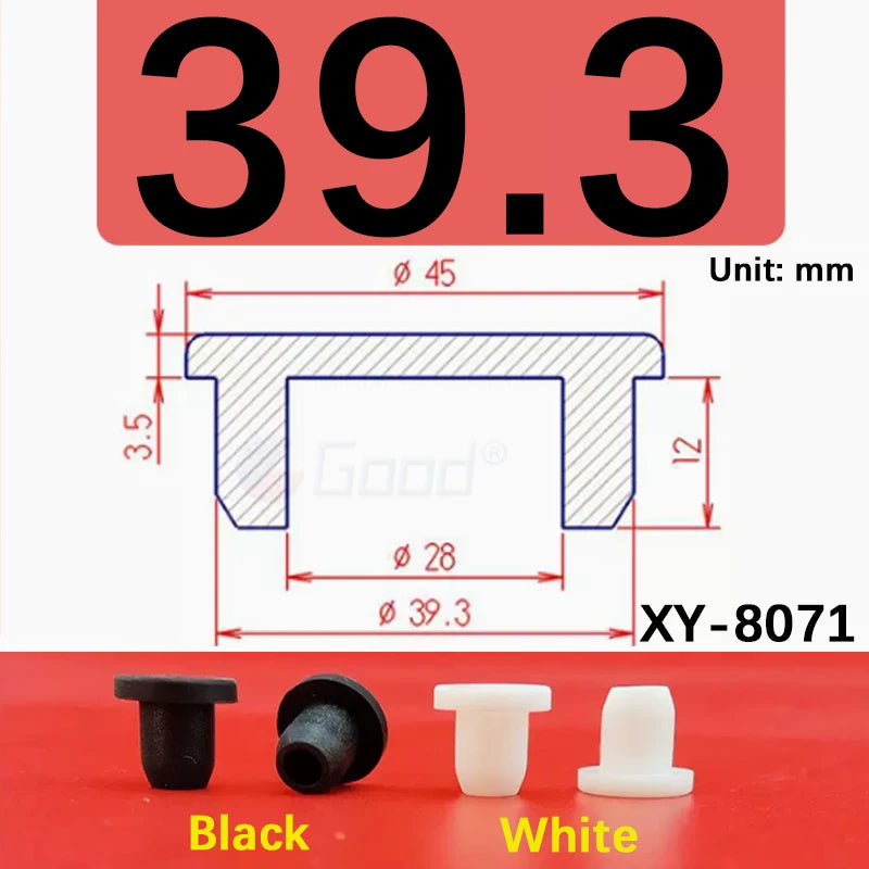 Black and white silicone rubber hole plugs shown with dimensions for sealing
