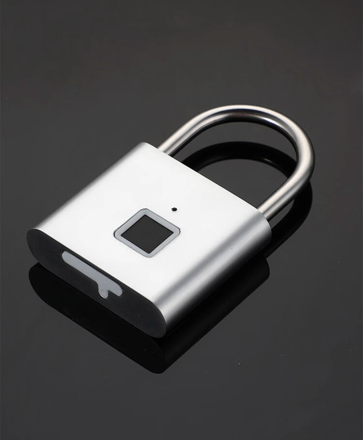 A silver biometric fingerprint padlock with a key ring and a square sensor is shown on a dark surface.