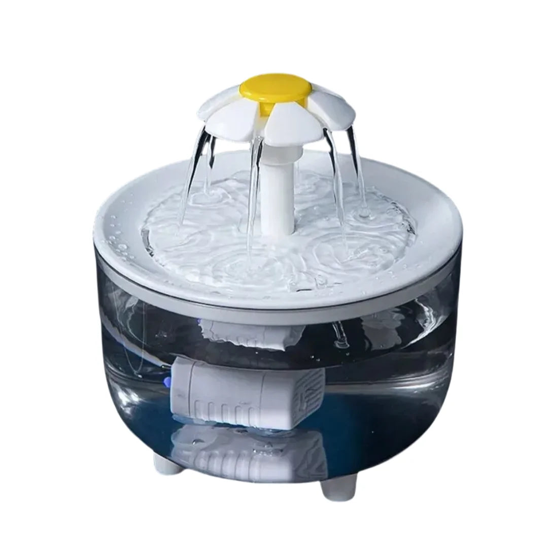 A white and yellow USB rechargeable cat water fountain with a filter, featuring a water spout.