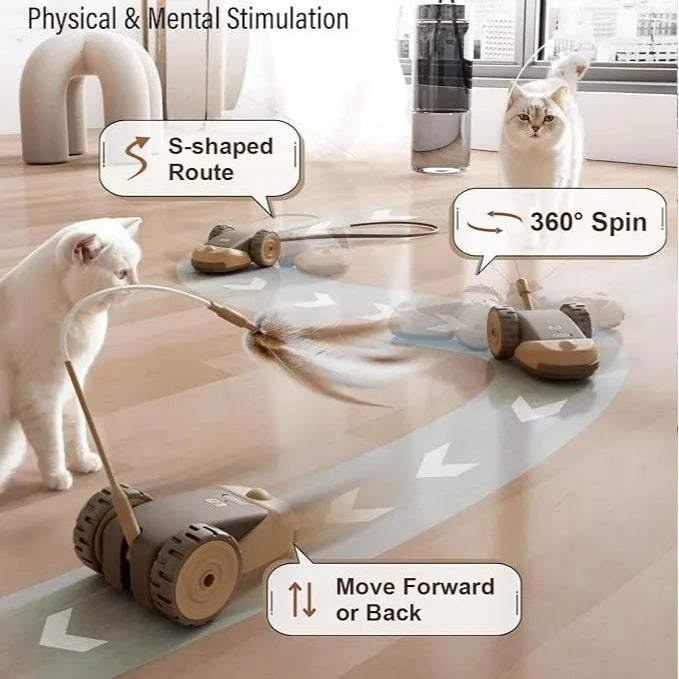 An interactive moving cat toy car on a light wooden floor, guided by an S-shaped route and a feather wand for physical and me