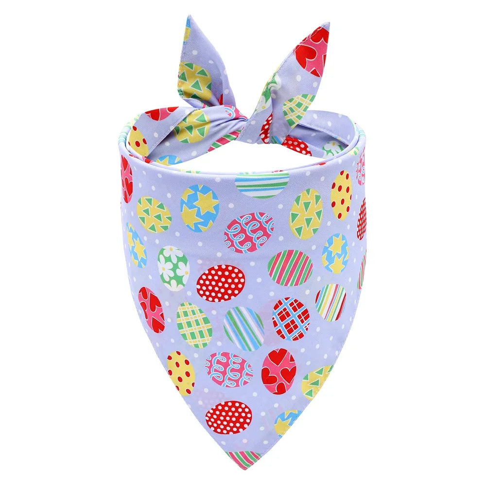 Easter reversible dog bandana featuring a bunny and egg print in purple and multicolored patterns