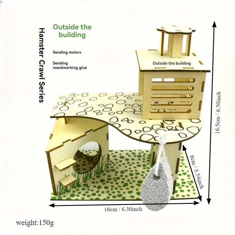 Wooden hamster playground set featuring a building structure, ladder, platform, and nest for climbing and play.