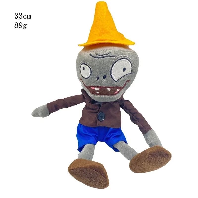 An orange-hatted Gargantuar plush toy with gray skin, brown clothing, and brown feet.