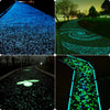 Four images showing glow-in-the-dark decorative resin pebbles illuminating a pathway and landscape.