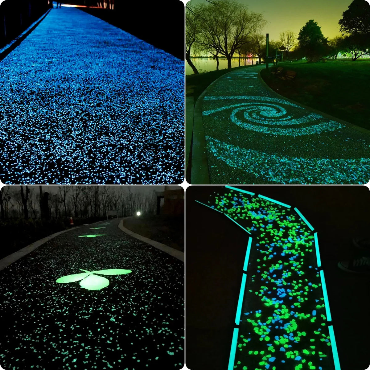 Four images showing glow-in-the-dark decorative resin pebbles illuminating a pathway and landscape.