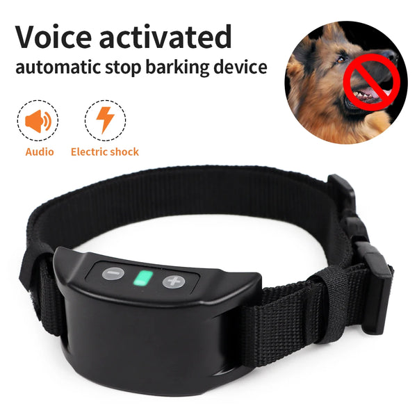 A black voice activated automatic stop barking device collar for dogs.