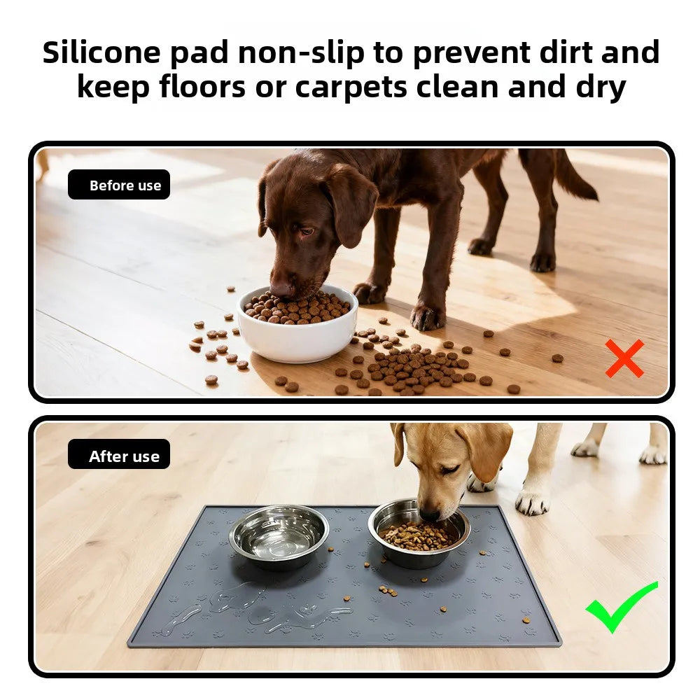 A silicone pet feeding mat is placed on a wooden floor, preventing dirt and keeping floors clean.