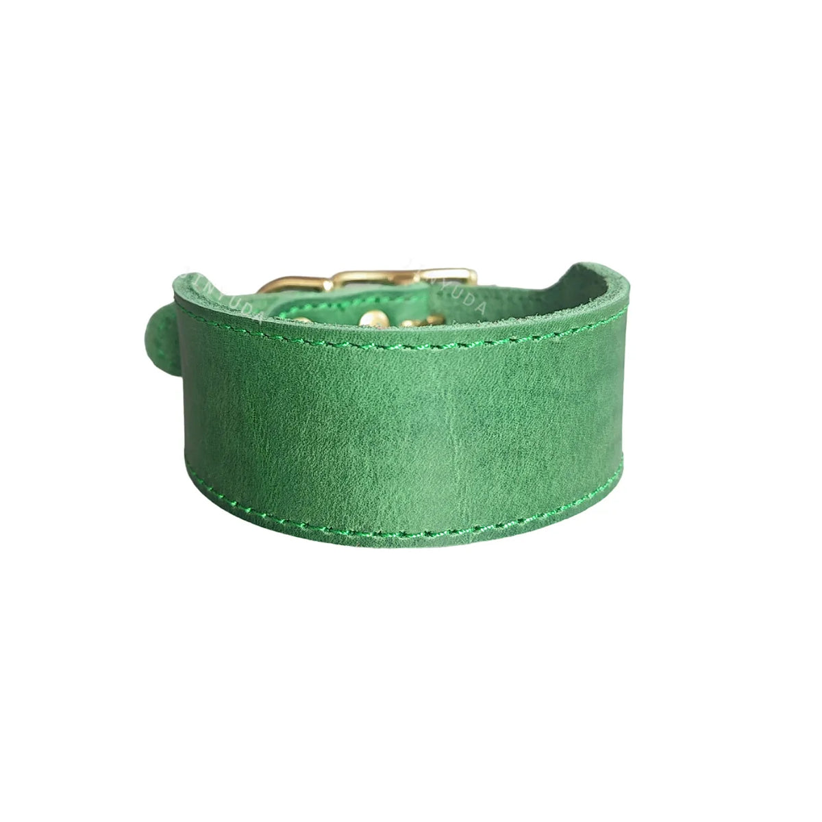 A green genuine leather extra wide dog collar with a brass buckle.