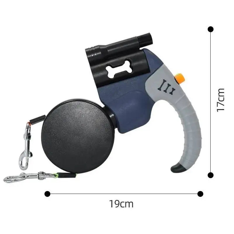 A dark blue and gray double dog retractable leash with a handle and built-in LED flashlight.