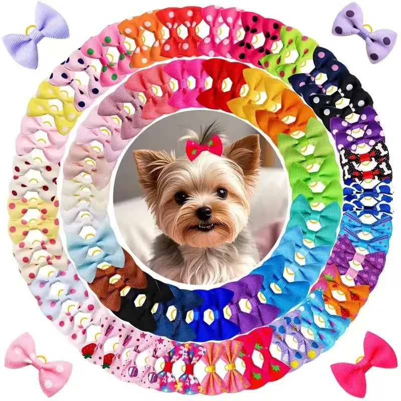 Handmade Dog Hair Bows with Rubber Bands - Colorful Wave & Flower Print Pet Grooming Accessories (50-Piece Set)