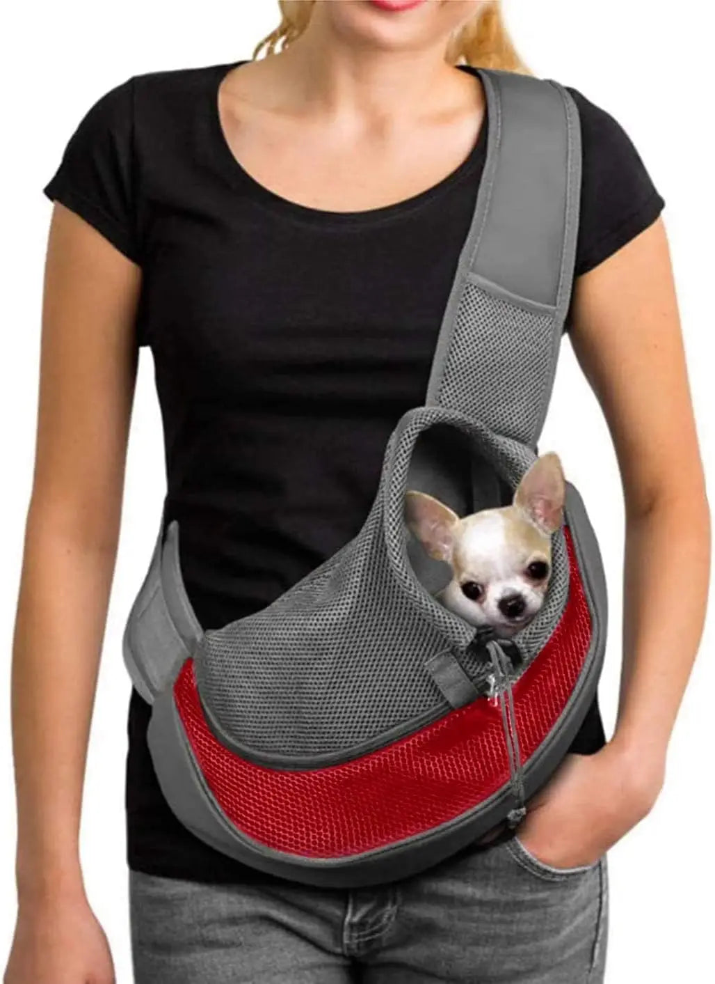 A woman is holding a gray and red pet sling carrier designed for small dogs and cats.